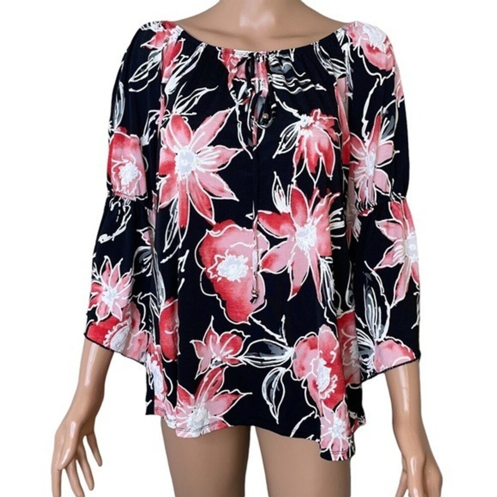 - NAIF brand off shoulder floral print black and pink flowy blouse SZ L - Picture 3 of 12